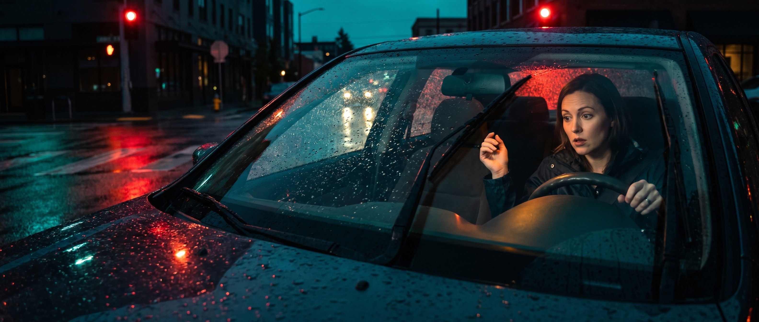 A driver stopped at a red light in the evening rain, seen through a rain-beaded windshield, glancing down with a puzzled look and one hand lifted off the wheel as if she just heard a strange noise from the brakes