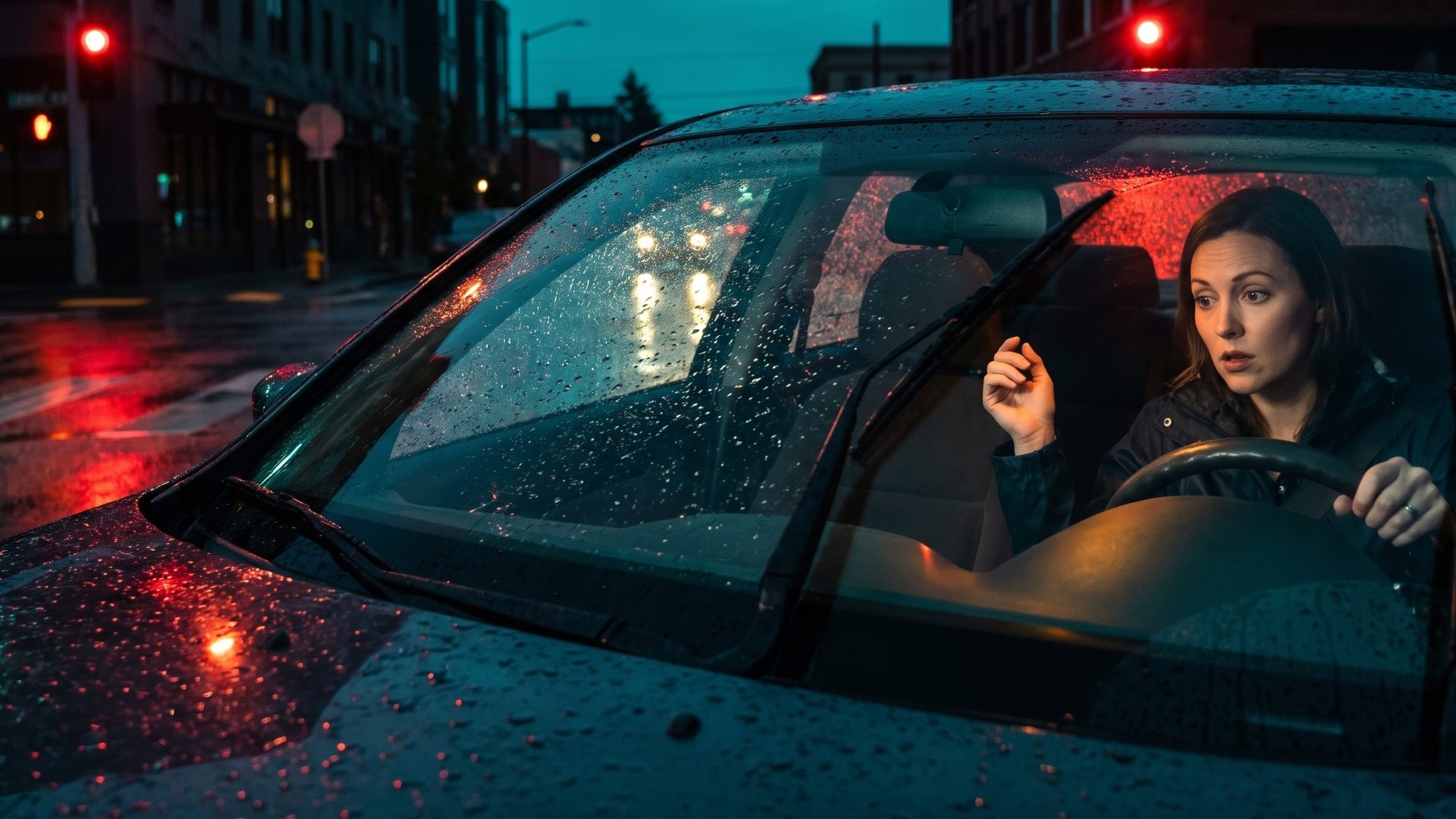 A driver stopped at a red light in the evening rain, seen through a rain-beaded windshield, glancing down with a puzzled look and one hand lifted off the wheel as if she just heard a strange noise from the brakes