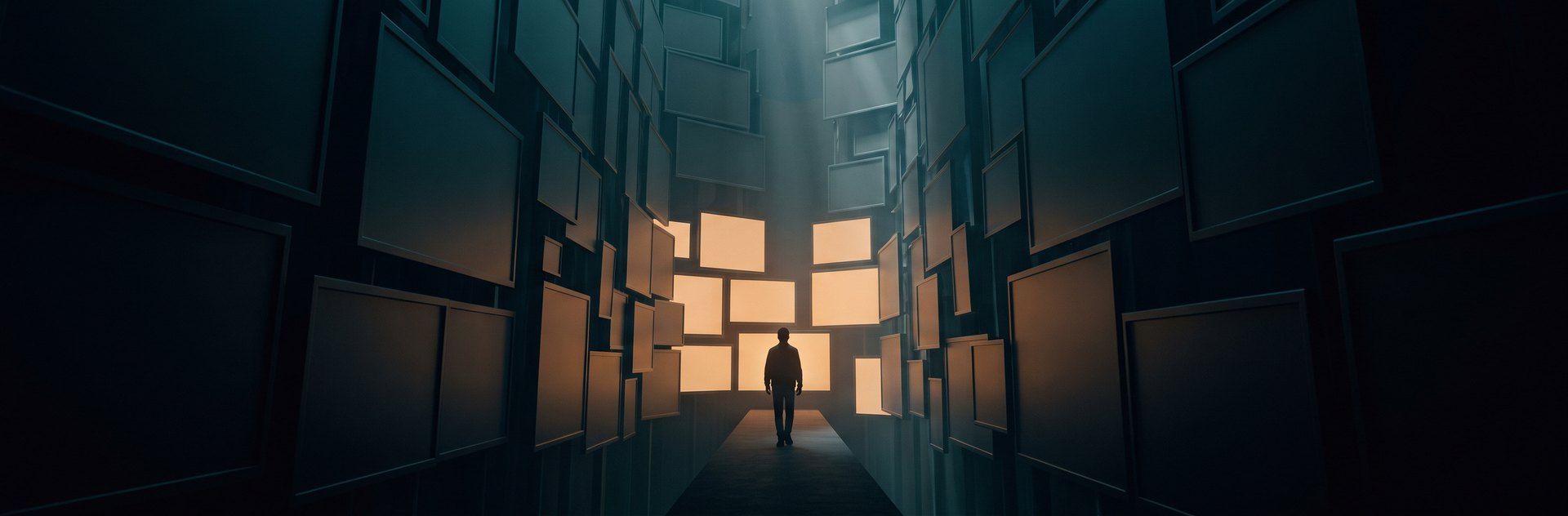 A lone figure dwarfed in a canyon of towering, glowing ad billboards at night, ads looming in from all sides.