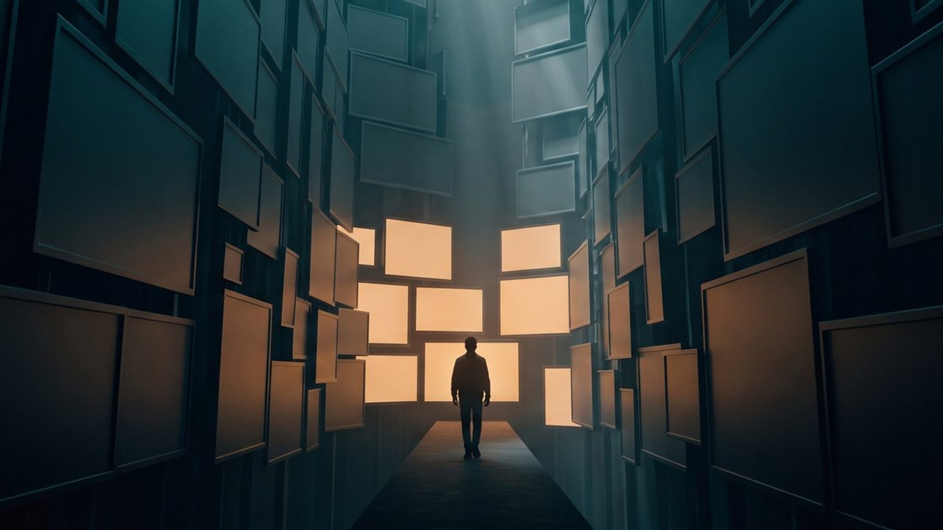 A lone figure dwarfed in a canyon of towering, glowing ad billboards at night, ads looming in from all sides.