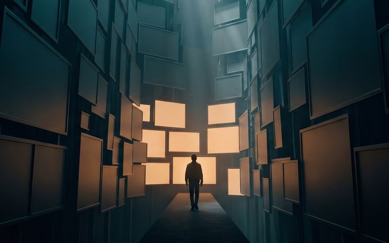 A lone figure dwarfed in a canyon of towering, glowing ad billboards at night, ads looming in from all sides.