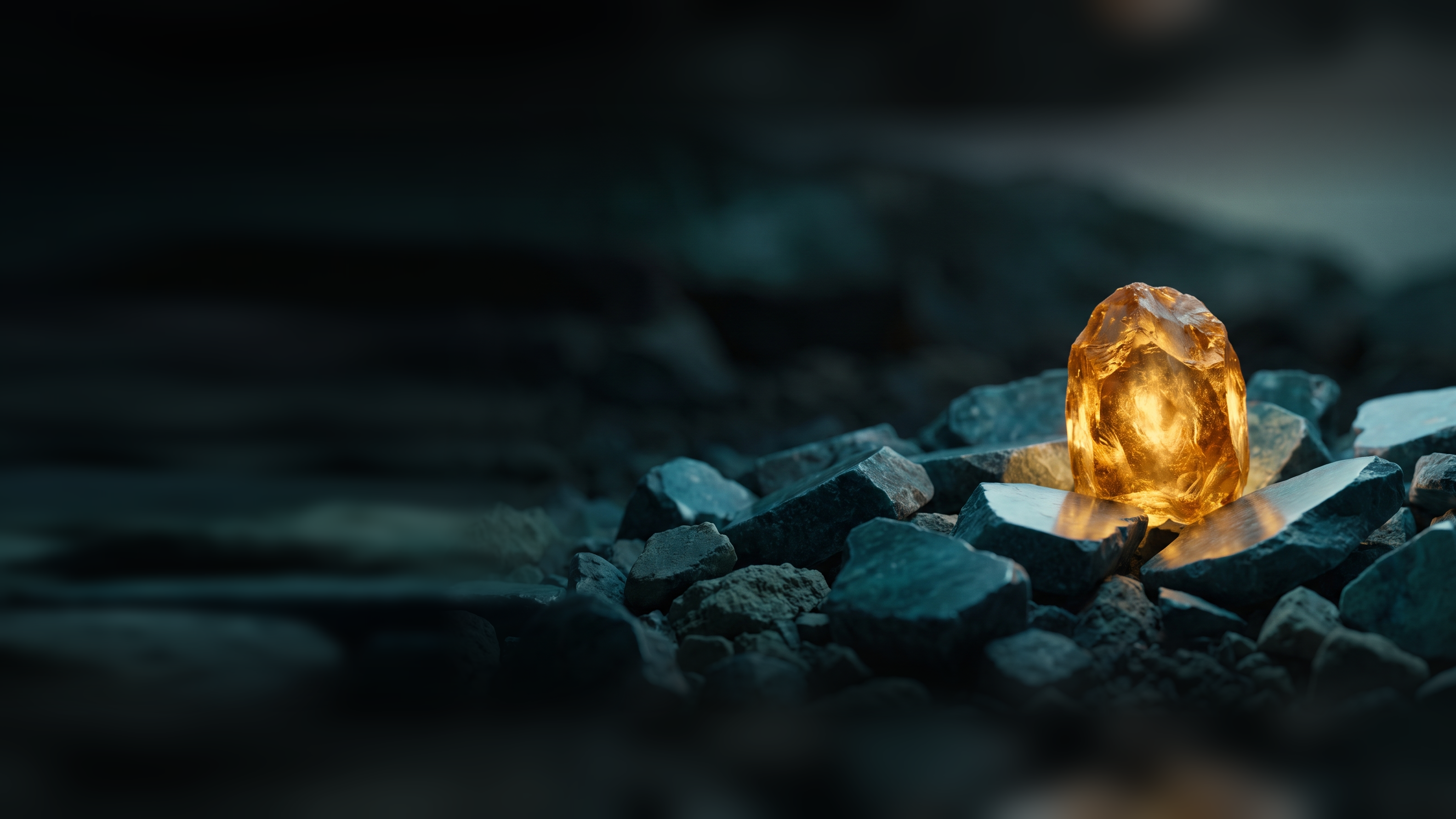 A raw amber crystal glowing among dark gray rubble, the only bright thing in a field of broken stone