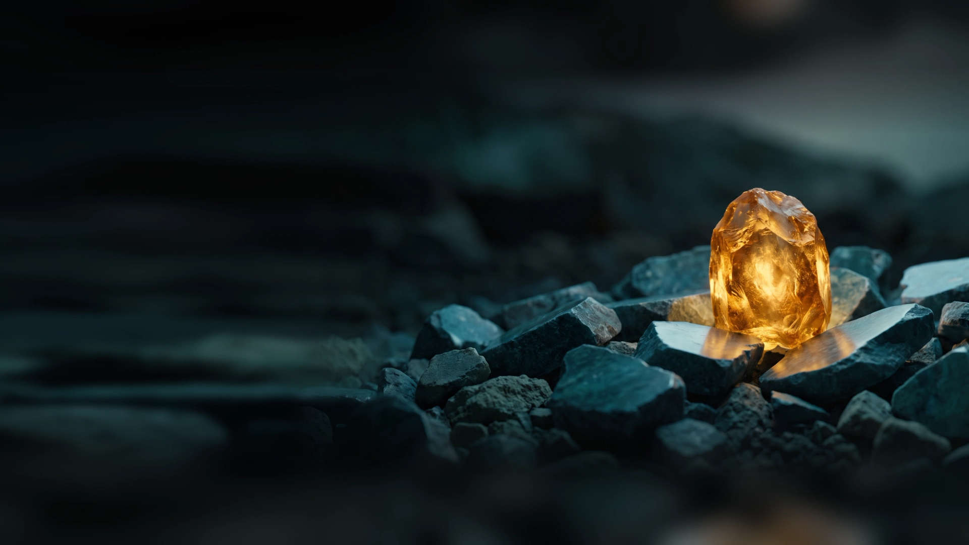 A raw amber crystal glowing among dark gray rubble, the only bright thing in a field of broken stone