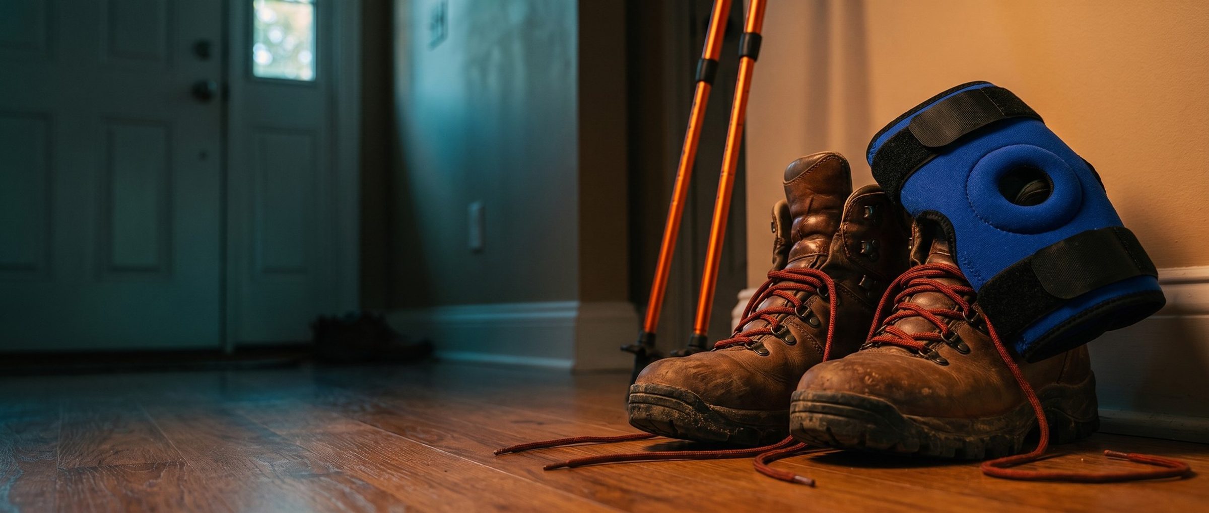 Worn brown hiking boots by a front door with rust-red laces trailing on the wood floor, a royal blue knee brace propped over one boot and orange trekking poles leaning against the wall in fading evening light