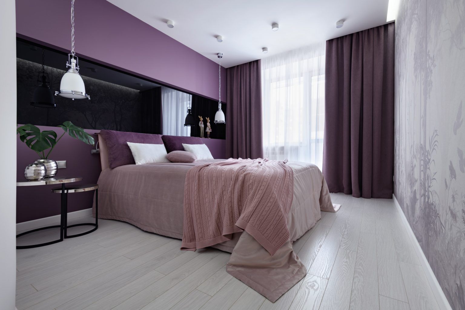 Modern 3-Bedroom Apartment with Grey and Violet Decor