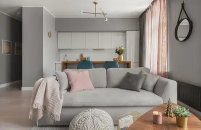 Modern Arrangement in Warm Gray Tones for a Young Family