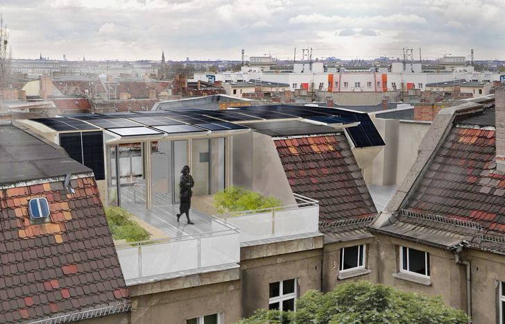 An Apartment Building in Berlin with a Solar Panel Roof
