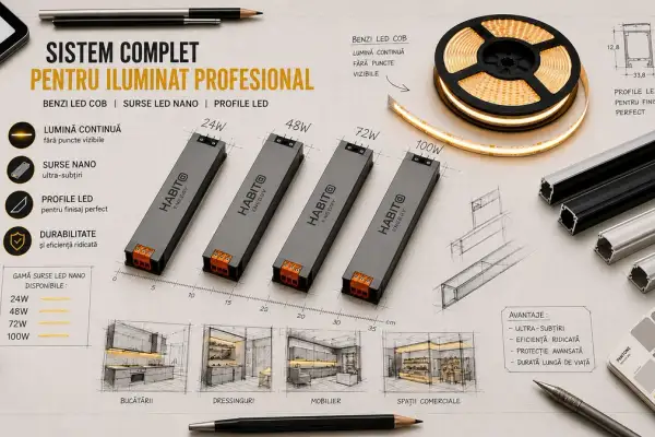 Surse LED NANO pentru benzi LED: alimentare compactă la 12V și 24V