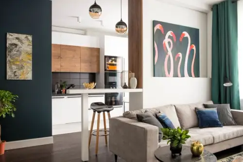 Culori inchise in amenajarea unui apartament de 2 camere si 50 mp