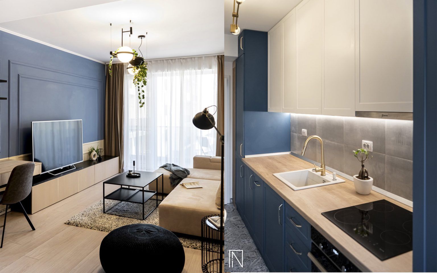 The Story of a Two-Bedroom Apartment Decorated in Neutral, Earthy Tones with Blue Accents