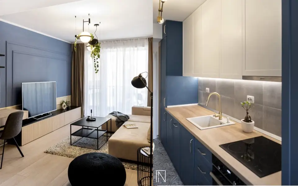 Povestea unui apartament de doua camere amenajat in nuante neutre, pamantii, si accente de albastru