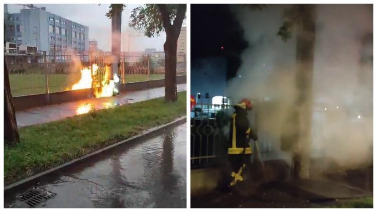 Un tablou electric de pe Bulevardul Muncii a ars ca o torță, duminică seara în timpul furtunii