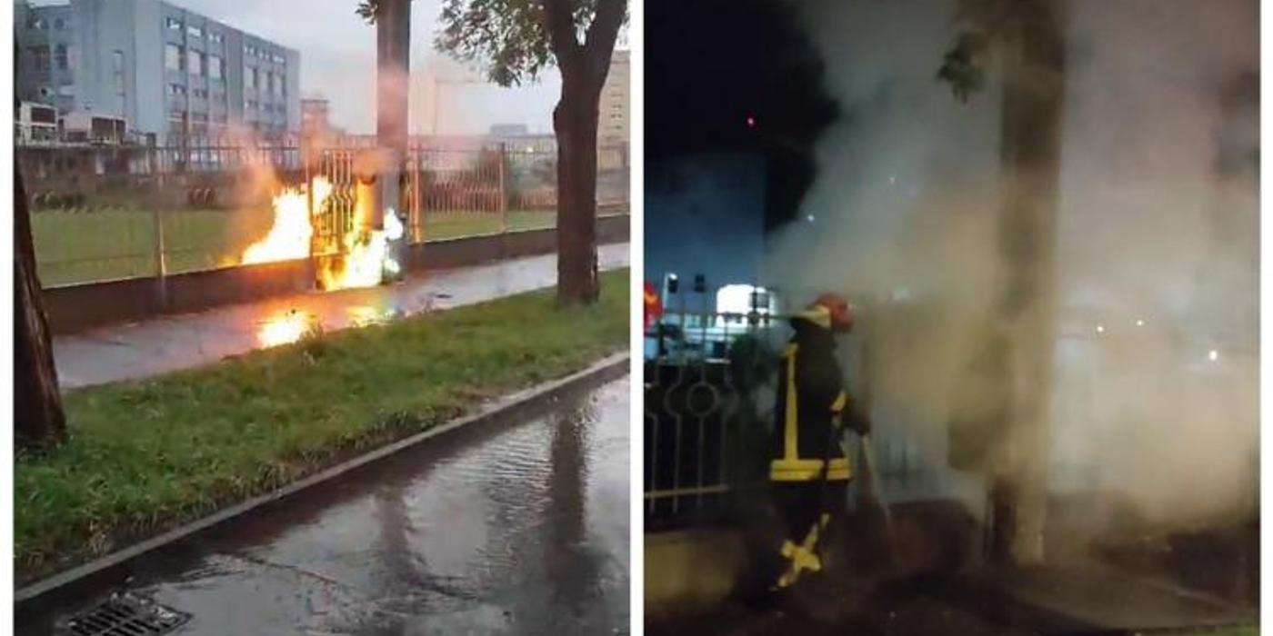 Un tablou electric de pe Bulevardul Muncii a ars ca o torță, duminică seara în timpul furtunii