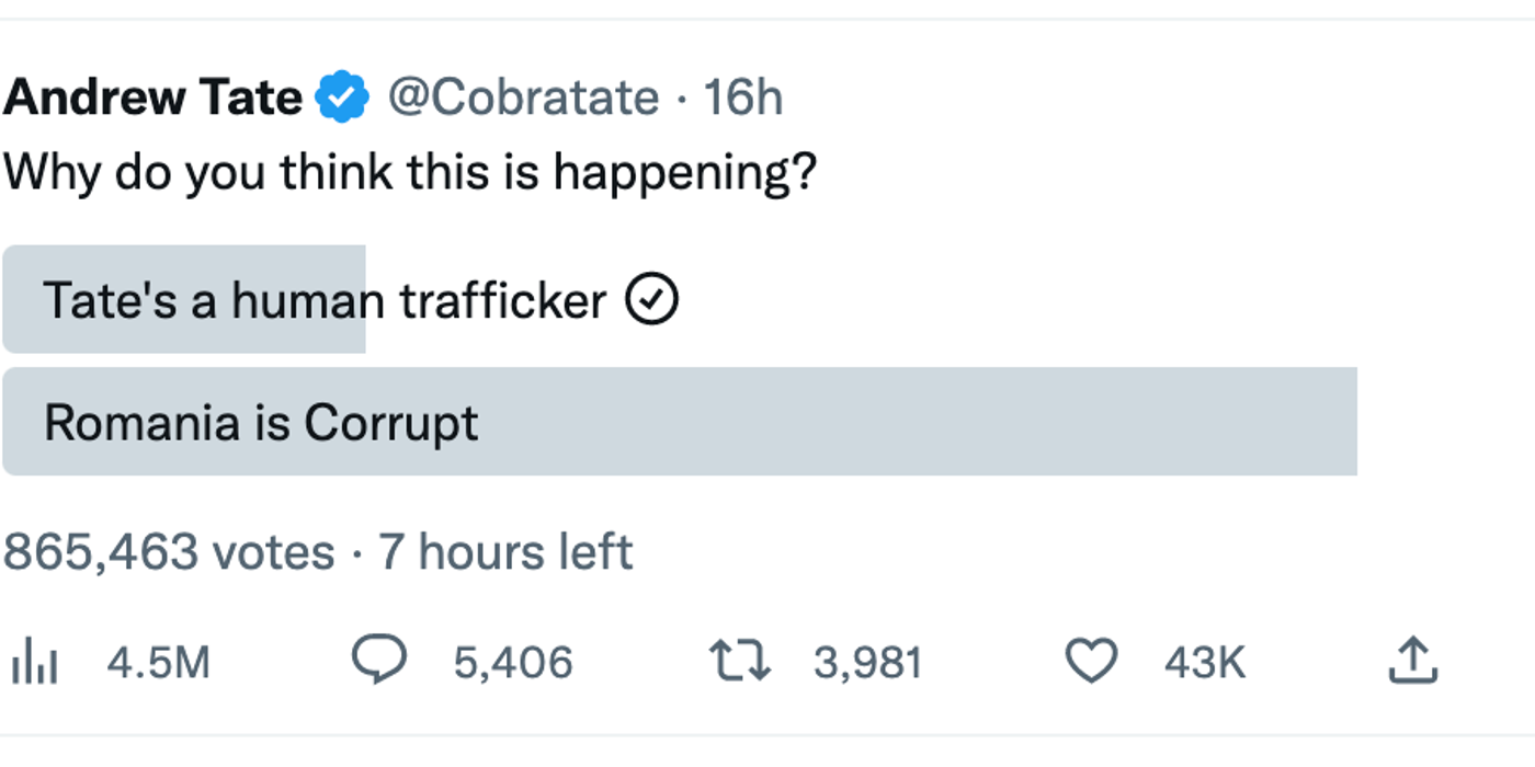 Tristan Tate se plânge din arest: „Mii de susținători musulmani i-au scris fratelui meu. Mie nici macar un singur creștin nu mi-a scris”