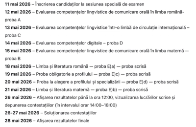 Bacalaureat 2026 – sesiunea specială: calendar oficial, înscrieri într-o singură zi și probele scrise încep din 18 mai
