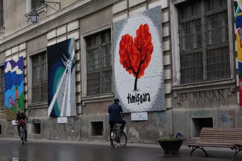 Tablouri din dopuri colorate expuse pe o strada din Timisoara