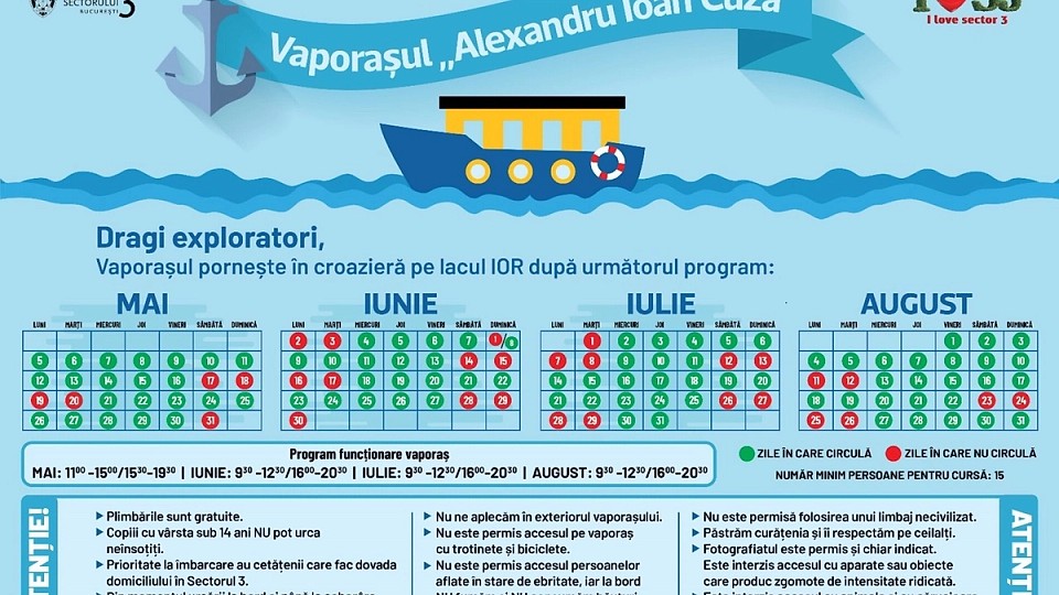 Vaporașul „Alexandru Ioan Cuza” și-a reluat cursele în Parcul IOR. Care este orarul pentru lunile de vară?
