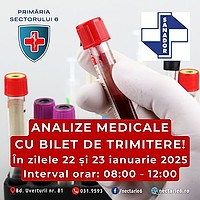 Primăria Sectorului 6 anunță că, începând din această lună, va oferi și mai multe „analize gratuite”. Acestea pot fi realizate în locurile indicate, cu bilet de trimitere de la medicul de familie.