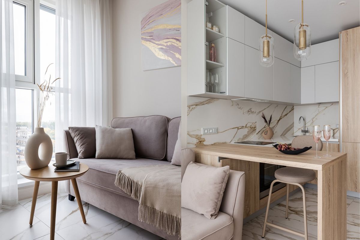 Garsoniera luminoasa de 33mp amenjata modern in tonuri pastelate