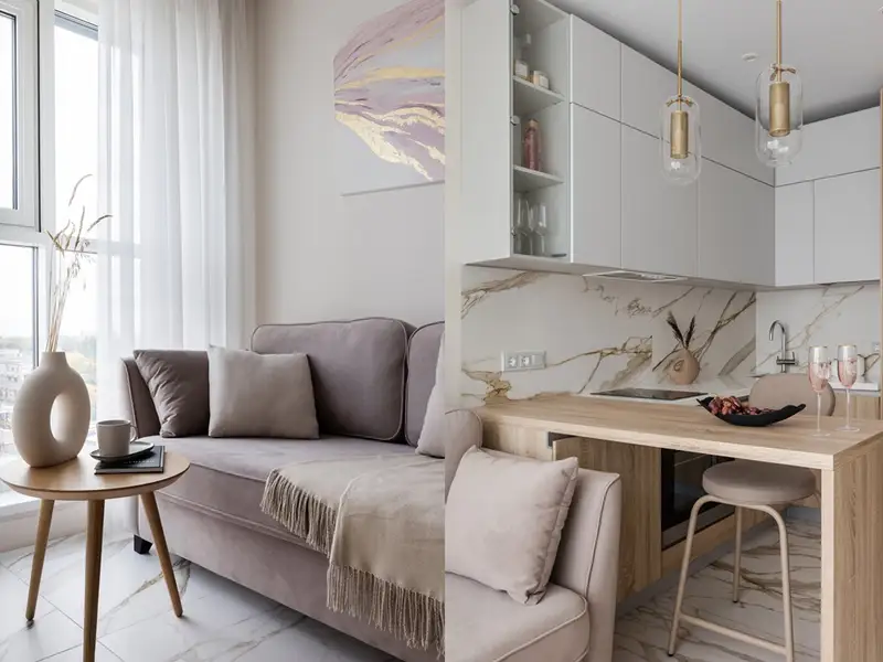 Garsoniera luminoasa de 33mp amenjata modern in tonuri pastelate