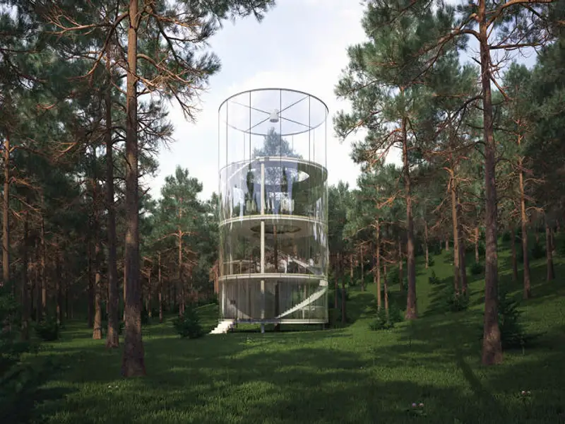 O casa de sticla construita in jurul unui brad de 12 metri