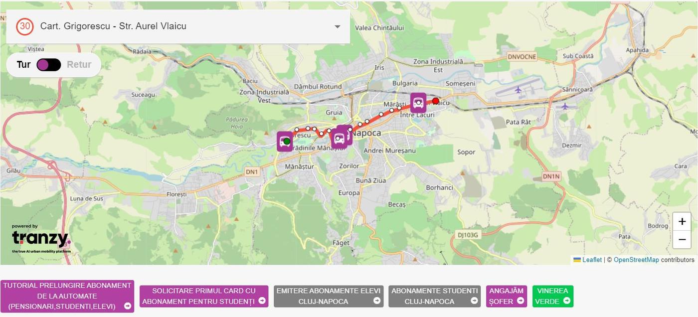 În Cluj, există o hartă care arată în timp real traseele tuturor liniilor de autobuz, tramvai și troleibuz din oraș