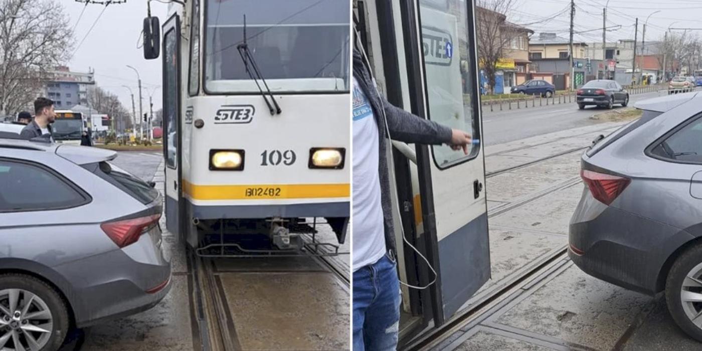 Mașină parcată pe linia de tramvai în București. Traficul îngreunat zeci de minute