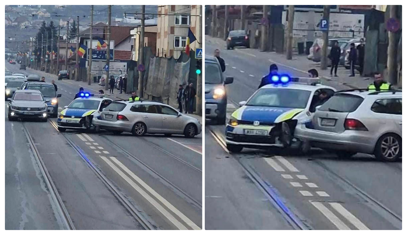 O mașină de poliție a fost implicată, duminică după amiază, într-un accident rutier produs în Cluj-Napoca