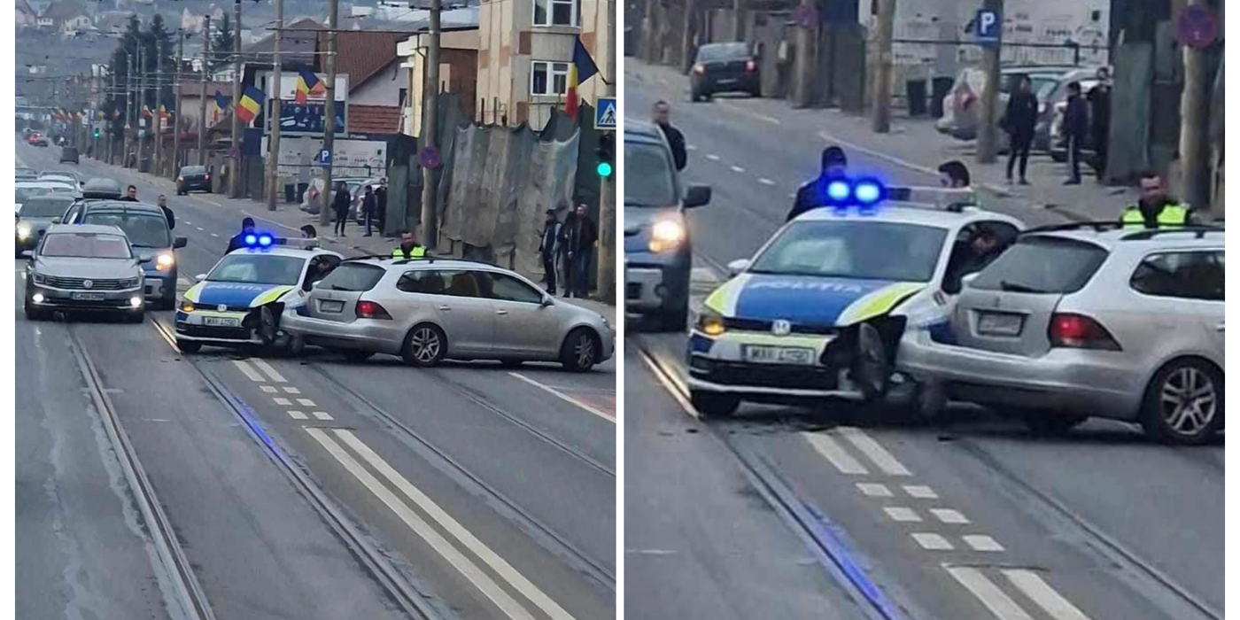 O mașină de poliție a fost implicată, duminică după amiază, într-un accident rutier produs în Cluj-Napoca