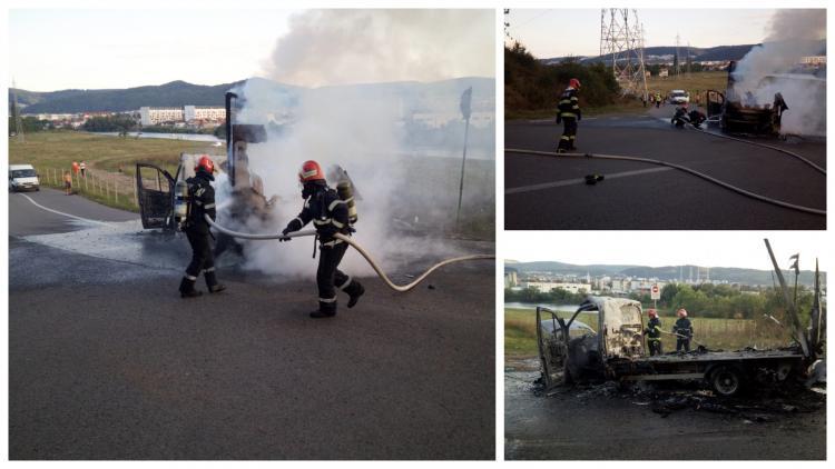 O autoutilitară a luat foc, marți seara, la barajul din localitatea Florești