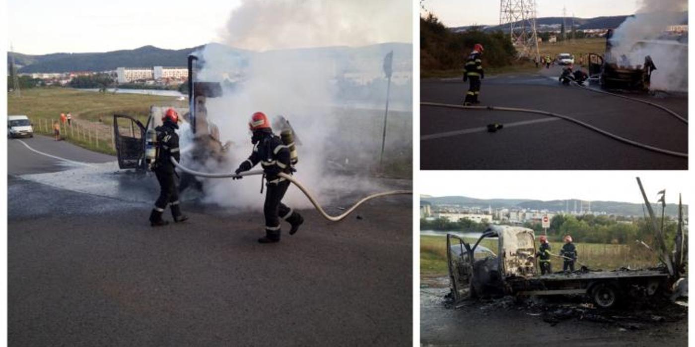 O autoutilitară a luat foc, marți seara, la barajul din localitatea Florești