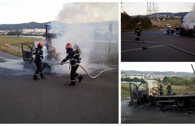 O autoutilitară a luat foc, marți seara, la barajul din localitatea Florești