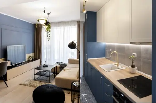 Povestea unui apartament de doua camere amenajat in nuante neutre, pamantii, si accente de albastru
