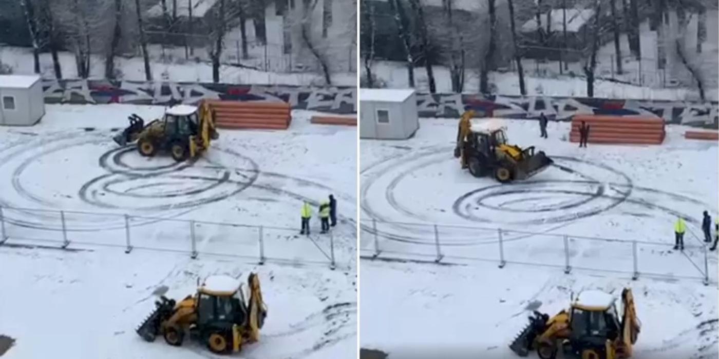 Utilaj filmat în timp ce făcea drifturi prin zăpadă într-o parcare din București