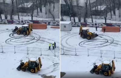 Utilaj filmat în timp ce făcea drifturi prin zăpadă într-o parcare din București