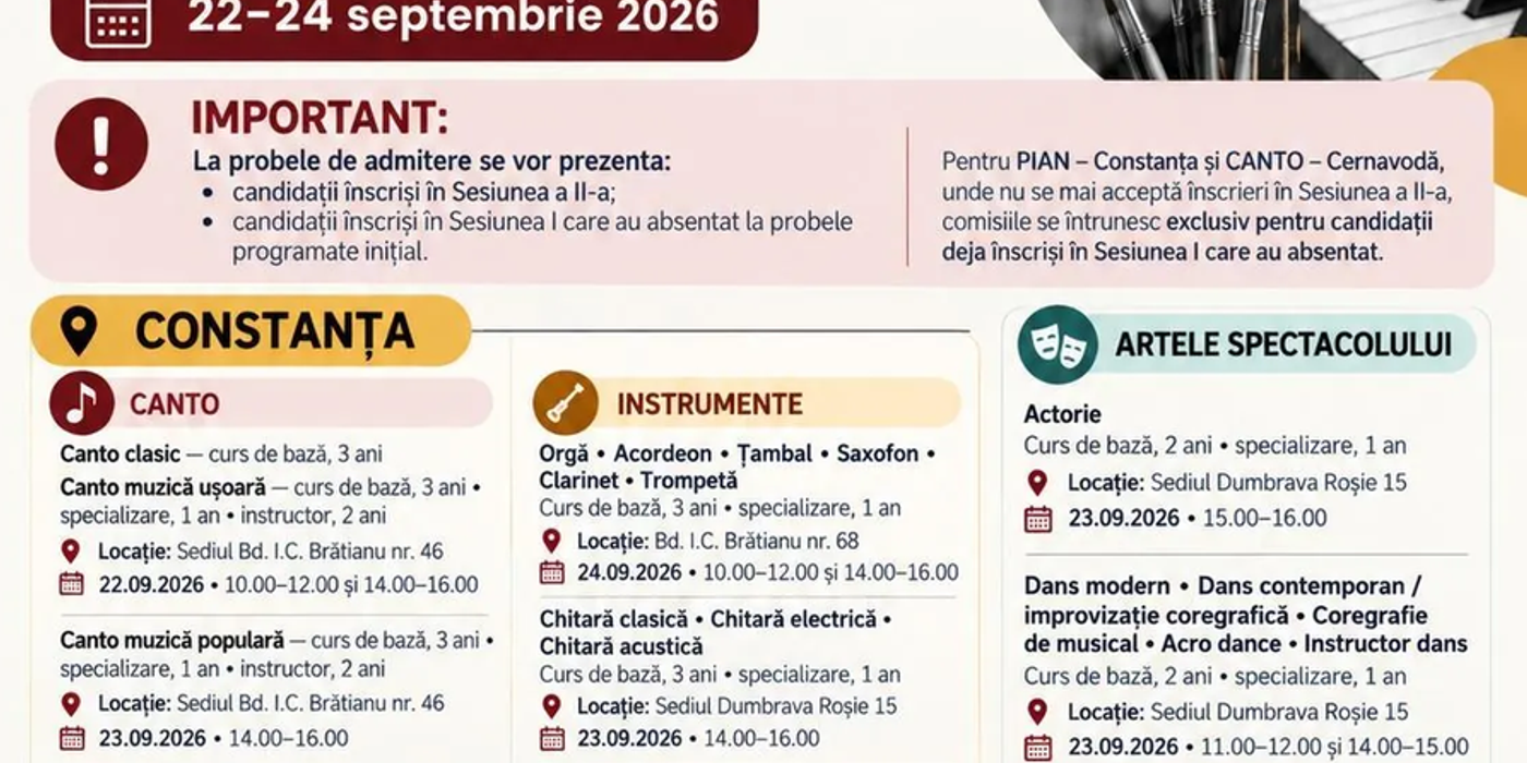 Calendarul probelor de admitere: Sesiunea a II-a (2026–2027) la Centrul Cultural Județean „Teodor T. Burada”