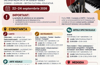 Calendarul probelor de admitere: Sesiunea a II-a (2026–2027) la Centrul Cultural Județean „Teodor T. Burada”