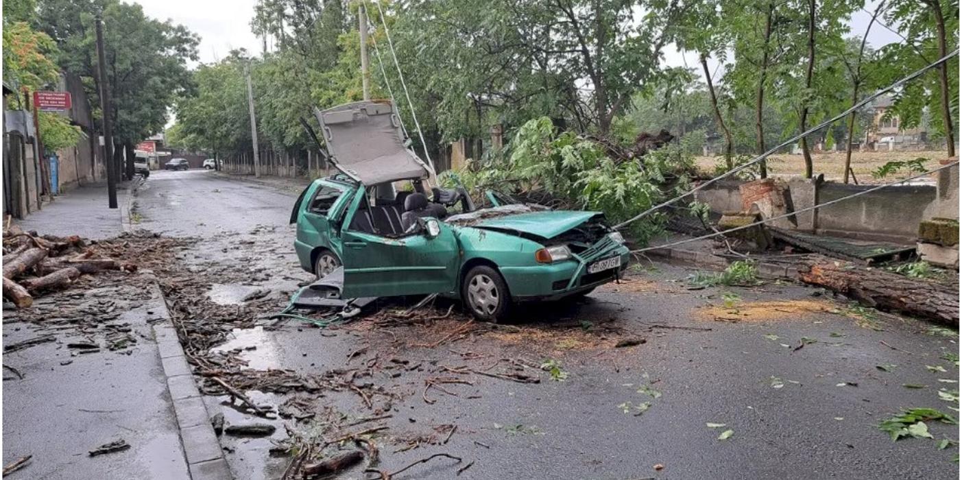 O mașină a fost făcută zob de un copac căzut pe strada Veseliei