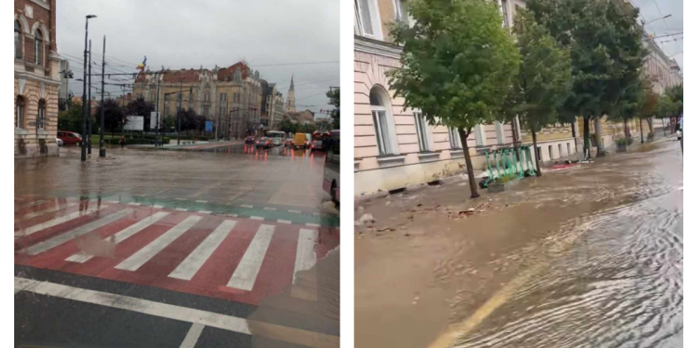 Mai multe străzi din centrul Clujului, inundate după spargerea unei țevi