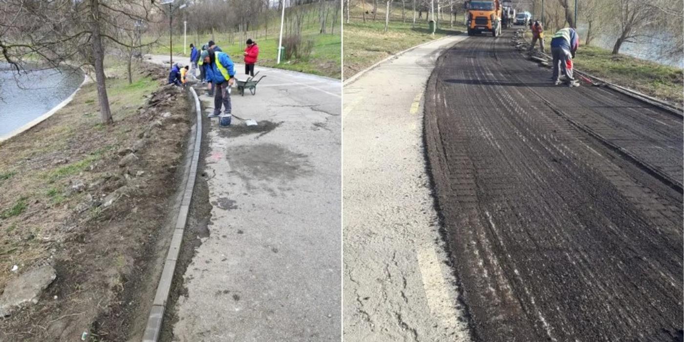 Se continuă lucrările de reparații la aleile din Parcul Tineretului în zona Pod-Cuțitul de Argint