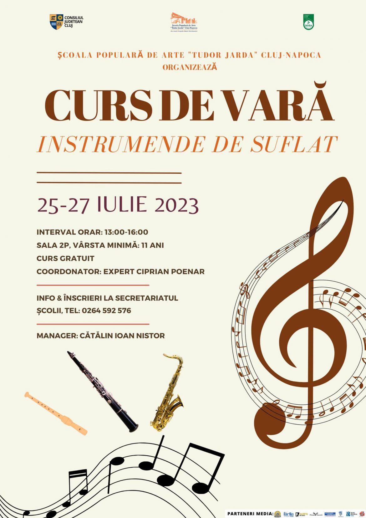 În perioada 25-27 iulie 2023, Școala Populară de Arte ,,Tudor Jarda” organizează un curs de vară la instrumente de suflat