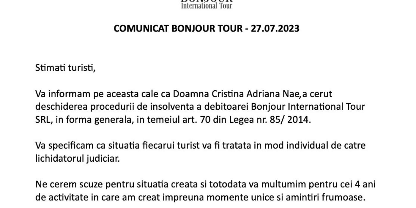 Agenţia de turism Bonjour Tour şi-a cerut insolvenţa, după doar patru ani de activitate / Situaţia fiecărui turist va fi tratată în mod individual de către lichidatorul judiciar