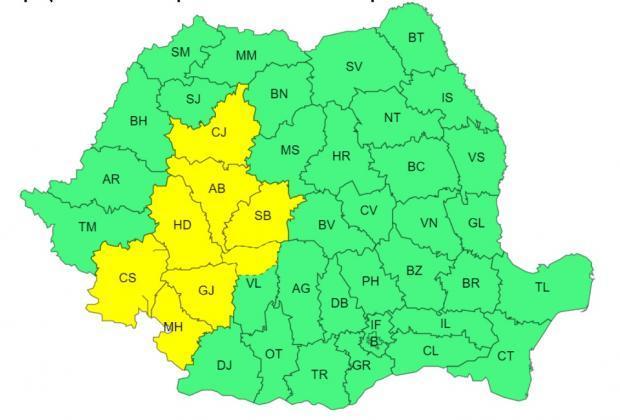 Cod galben de ploi torențiale în 29 de județe ale țării, inclusiv județul Cluj