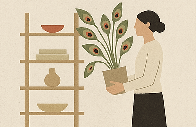 Plante ochi de păun și etajere din lemn – cum le integrezi elegant în stil Japandi