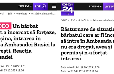Digi24 – Radio Erevan al timpurilor moderne: Bărbatul drogat, cu permisul suspendat, care a încercat să intre forțat cu mașina în Ambasada Rusiei nu era nici drogat, avea drept de conducere și nici nu a încercat să intre forțat