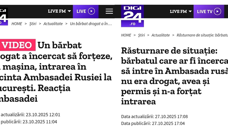 Digi24 – Radio Erevan al timpurilor moderne: Bărbatul drogat, cu permisul suspendat, care a încercat să intre forțat cu mașina în Ambasada Rusiei nu era nici drogat, avea drept de conducere și nici nu a încercat să intre forțat