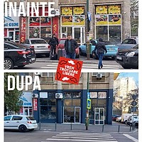Trotuarul de vizavi de Ministerul Transporturilor: înainte și după instalarea stâlpișorilor anti-parcare