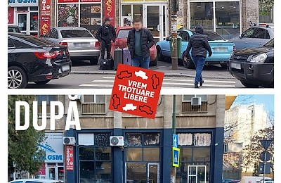 Trotuarul de vizavi de Ministerul Transporturilor: înainte și după instalarea stâlpișorilor anti-parcare