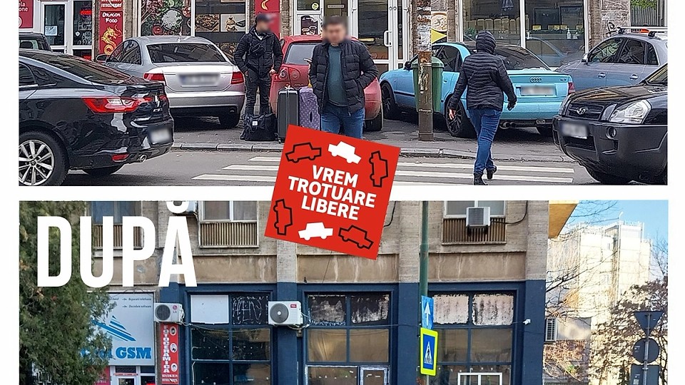 Trotuarul de vizavi de Ministerul Transporturilor: înainte și după instalarea stâlpișorilor anti-parcare