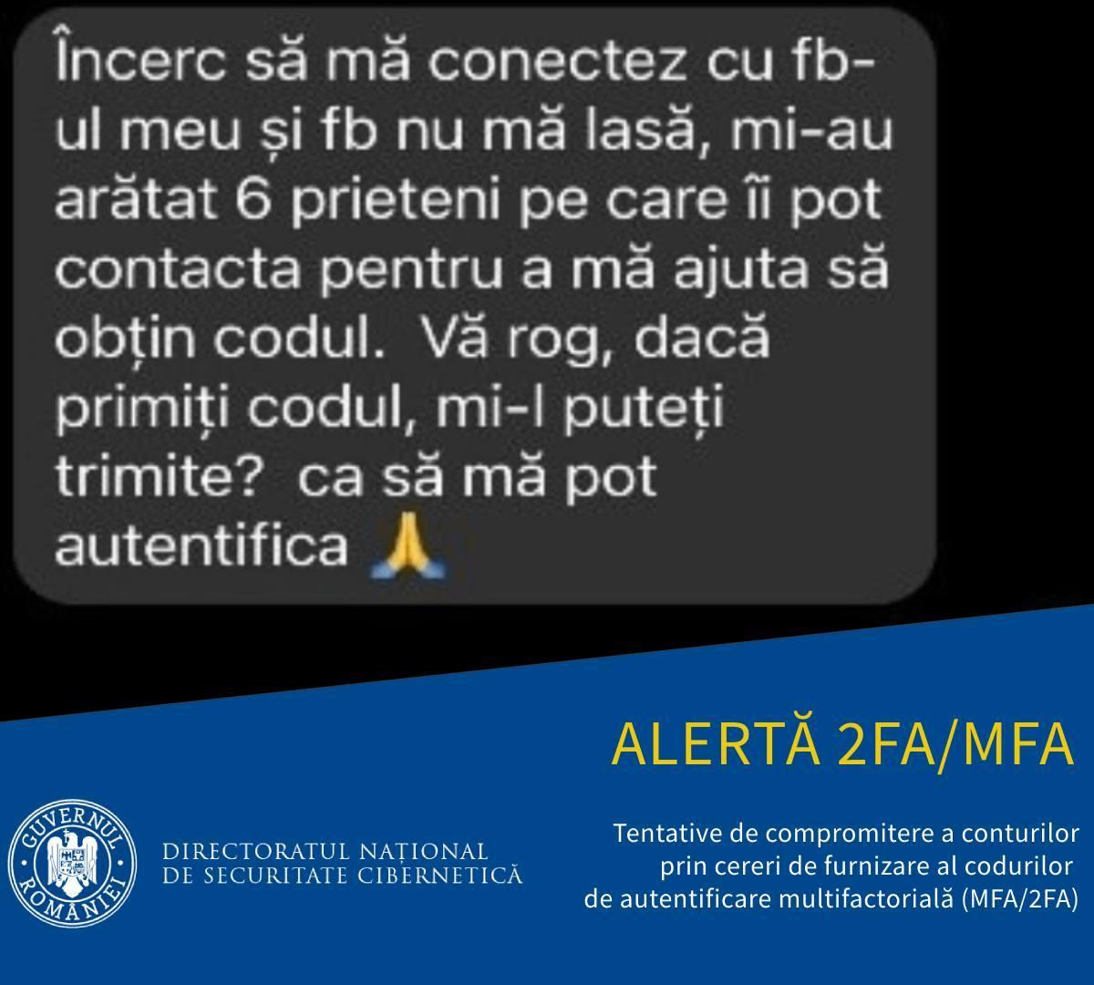 Directoratul de Securitate Cibernetică transmite o nouă atertă: Tentative de compromitere a conturilor prin cereri de furnizare a codurilor de autentificare multifactorială (MFA/2FA)